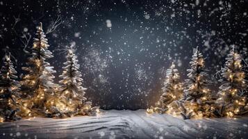 Natal árvore e Natal luzes em abstrato Nevado panorama fundo, natal fundo conceito com publicidade espaço. generativo ai. foto
