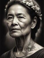 idosos japonês mulher, retrato dentro Preto e branco estilo. generativo ai foto