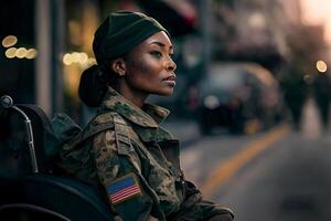 pele escura jovem mulher, militares Policial, Desativado homem dentro uniforme e cadeira de rodas em uma cidade rua. a americano herói. generativo ai foto