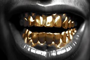 aberto boca dentro prata com ouro dentes. generativo ai foto