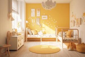 interior Projeto do uma crianças quarto para dois crianças uma Garoto e uma menina dentro amarelo. generativo ai foto