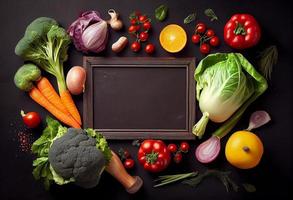 fresco delicioso ingredientes do orgânico Comida para saudável cozinhando , fresco agricultor legumes em uma Preto quadro-negro fundo. gerar ai foto