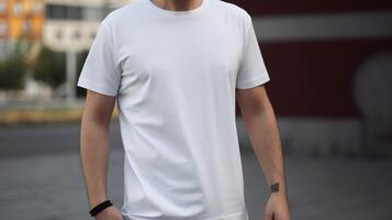 generativo ai, realista branco camiseta zombar acima em branco colocar em jovem homem, copyspace para apresentação anúncio. em branco o negócio conceito foto