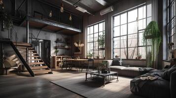 vivo quarto loft dentro industrial estilo, 3d renderizar. generativo ai foto