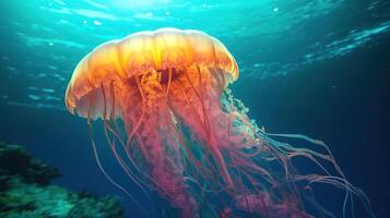 místico oceânico brilho, encantador medusa dentro embaixo da agua mundo. generativo ai foto