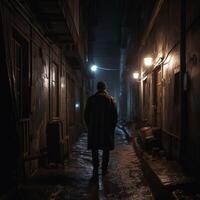 uma homem caminhando dentro ruas dentro noite ai generativo foto