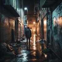 uma homem caminhando dentro ruas dentro noite ai generativo foto