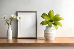 mínimo branco cenário quadro, Armação tela de pintura exibição com flor dentro vaso foto