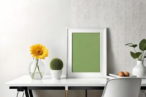 mínimo branco cenário quadro, Armação tela de pintura exibição com flor dentro vaso foto