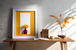 mínimo branco cenário quadro, Armação tela de pintura exibição com flor dentro vaso foto