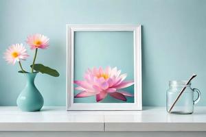 mínimo branco cenário quadro, Armação tela de pintura exibição com flor dentro vaso foto