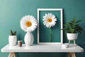 mínimo branco cenário quadro, Armação tela de pintura exibição com flor dentro vaso foto