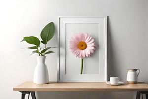 mínimo branco cenário quadro, Armação tela de pintura exibição com flor dentro vaso foto