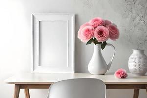 mínimo branco cenário quadro, Armação tela de pintura exibição com flor dentro vaso foto