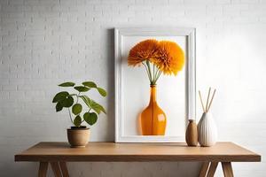 mínimo branco cenário quadro, Armação tela de pintura exibição com flor dentro vaso foto