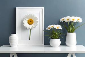 mínimo branco cenário quadro, Armação tela de pintura exibição com flor dentro vaso foto