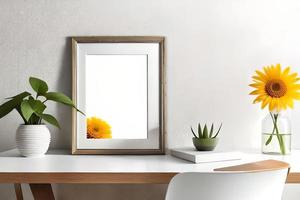 mínimo branco cenário quadro, Armação tela de pintura exibição com flor dentro vaso foto