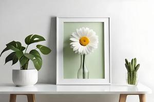 mínimo branco cenário quadro, Armação tela de pintura exibição com flor dentro vaso foto