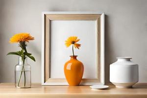 mínimo branco cenário quadro, Armação tela de pintura exibição com flor dentro vaso foto