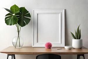 mínimo branco cenário quadro, Armação tela de pintura exibição com flor dentro vaso foto