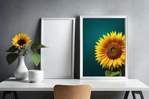 mínimo branco cenário quadro, Armação tela de pintura exibição com flor dentro vaso foto