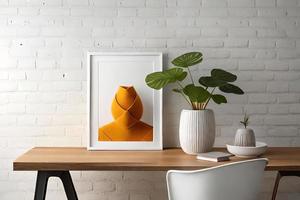 mínimo branco cenário quadro, Armação tela de pintura exibição com flor dentro vaso foto