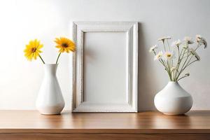 mínimo branco cenário quadro, Armação tela de pintura exibição com flor dentro vaso foto