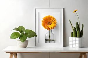 mínimo branco cenário quadro, Armação tela de pintura exibição com flor dentro vaso foto