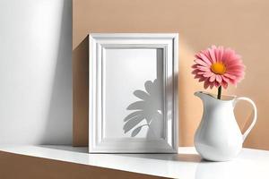 mínimo branco cenário quadro, Armação tela de pintura exibição com flor dentro vaso foto