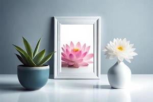 mínimo branco cenário quadro, Armação tela de pintura exibição com flor dentro vaso foto