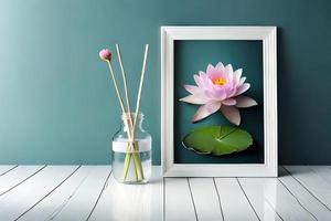 mínimo branco cenário quadro, Armação tela de pintura exibição com flor dentro vaso foto