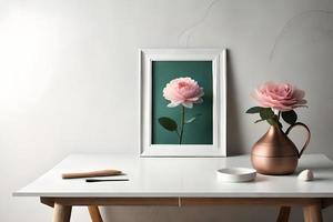 mínimo branco cenário quadro, Armação tela de pintura exibição com flor dentro vaso foto