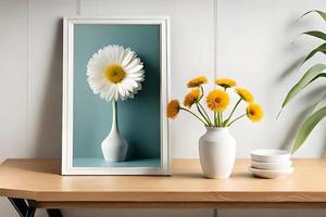 mínimo branco cenário quadro, Armação tela de pintura exibição com flor dentro vaso foto