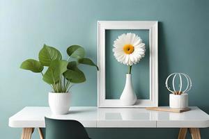 mínimo branco cenário quadro, Armação tela de pintura exibição com flor dentro vaso foto