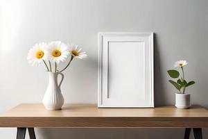 mínimo branco cenário quadro, Armação tela de pintura exibição com flor dentro vaso foto