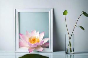 mínimo branco cenário quadro, Armação tela de pintura exibição com flor dentro vaso foto