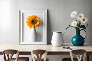 mínimo branco cenário quadro, Armação tela de pintura exibição com flor dentro vaso foto