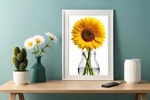 mínimo branco cenário quadro, Armação tela de pintura exibição com flor dentro vaso foto