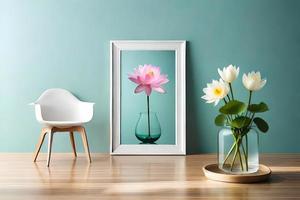 mínimo branco cenário quadro, Armação tela de pintura exibição com flor dentro vaso foto