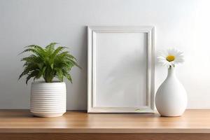 mínimo branco cenário quadro, Armação tela de pintura exibição com flor dentro vaso foto