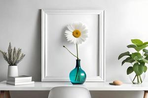 mínimo branco cenário quadro, Armação tela de pintura exibição com flor dentro vaso foto