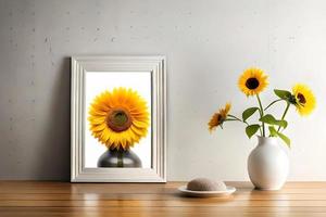 mínimo branco cenário quadro, Armação tela de pintura exibição com flor dentro vaso foto