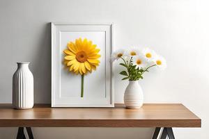 mínimo branco cenário quadro, Armação tela de pintura exibição com flor dentro vaso foto