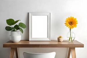 mínimo branco cenário quadro, Armação tela de pintura exibição com flor dentro vaso foto