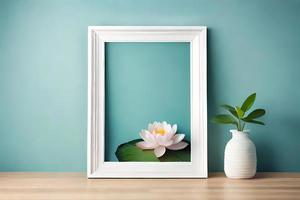 mínimo branco cenário quadro, Armação tela de pintura exibição com flor dentro vaso foto