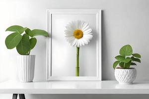 mínimo branco cenário quadro, Armação tela de pintura exibição com flor dentro vaso foto