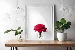 mínimo branco cenário quadro, Armação tela de pintura exibição com flor dentro vaso foto