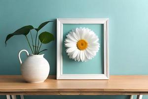 mínimo branco cenário quadro, Armação tela de pintura exibição com flor dentro vaso foto