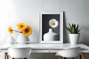 mínimo branco cenário quadro, Armação tela de pintura exibição com flor dentro vaso foto