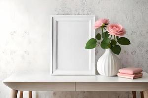 mínimo branco cenário quadro, Armação tela de pintura exibição com flor dentro vaso foto